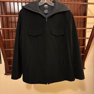 Outbrook women’s Black wool coat with Gray Hood